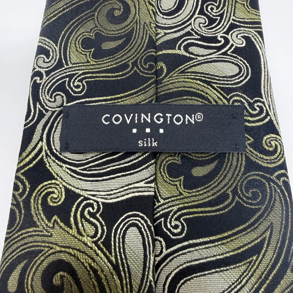 Covington Mens Silk Tie Black Gold Silver Paisley Woven Made in USA Necktie